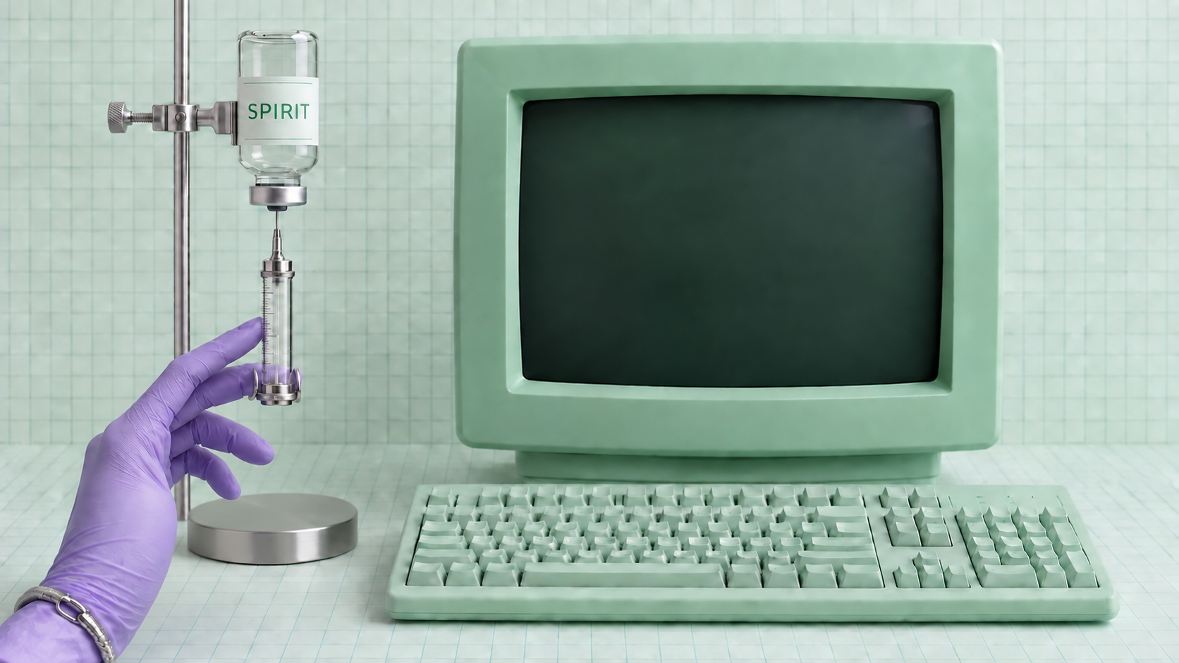 ミント色のレトロPCとSPIRITの瓶、ラベンダーの手袋
